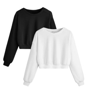 Verdusa Women's 2 Pack Long Sleeve Round Neck Crop Sweatshirt Top Black and White M