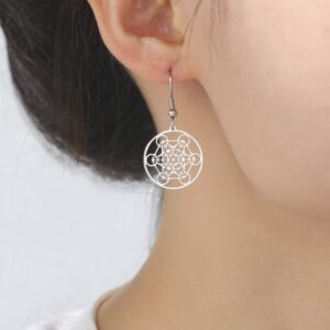 Metatron's Cube Earrings For Women Stainless Steel Sacred Geometry Flower Of Life Earrings Geometric Charm Hexagram Earrings Bohemian Style Jewelry (silver)