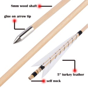 SHARROW 32 Inch Archery Traditional Wooden Arrow Hunting Arrow Pracrice Target Wooden Arrow Shaft with 5" Turkey Feather Fletching and Field Point for Longbow Traditaonal Bow (12 pcs)