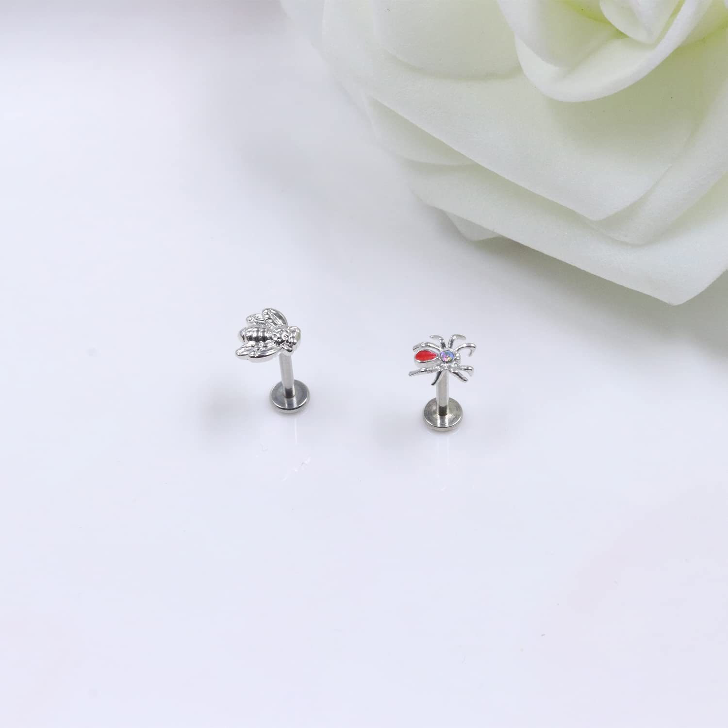 FLOGWE 2PCS 16G 316L Pushin Lip Rings Top Push in Threadless Spider &Bee Nose Stud Rings Top Push in Threadless Surgical Steel Flat Back Nose Studs for Womens