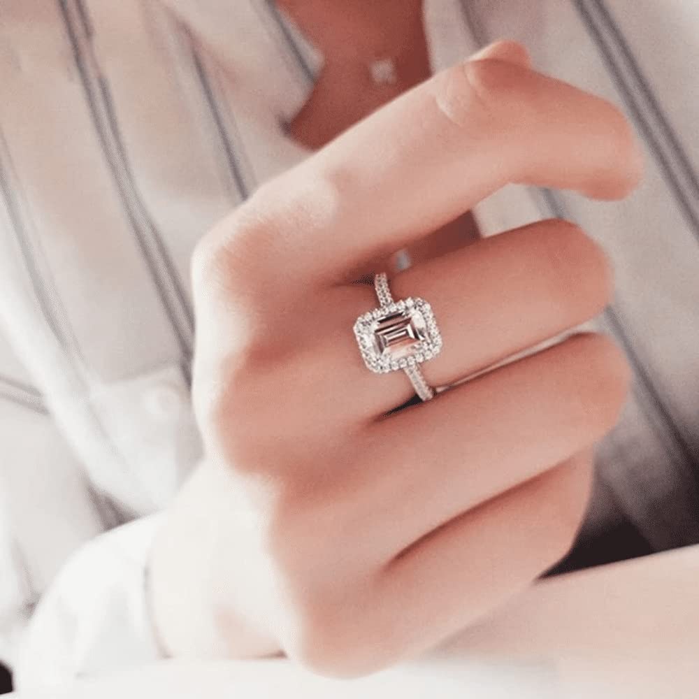 Emerald Cut Halo Engagement Rings for Women White Gold, 1CT Center Moissanite Engagement Ring Platinum Plated Silver 10K 14K 18K Gold Wedding Anniversary Rings for Her with Text Engraving(Platinum Plated Silver)