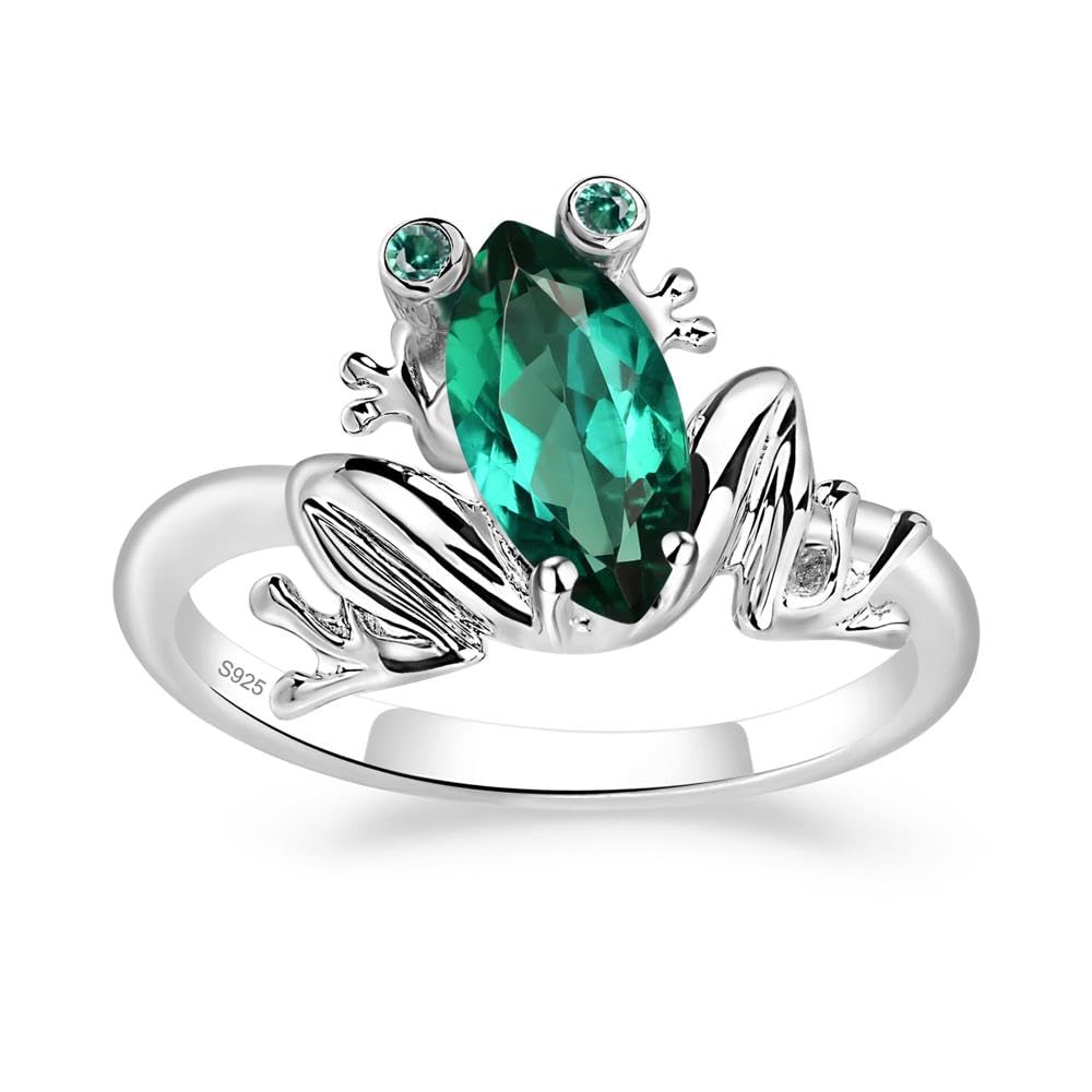 LUO 925 Sterling Silver Frog Ring Marquise Cut Created Emerald Ring Frog Jewelry Lovely Animal Ring Promise Ring for Women US Size 6.5