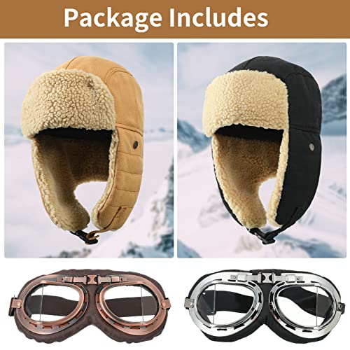 JaGely 4 Pcs Pilot Hat and Goggles Flight Costume Accessories Pilot Helmet Cap with Ear Flaps Hat Adults Winter (Black, Khaki)