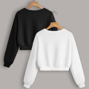 Verdusa Women's 2 Pack Long Sleeve Round Neck Crop Sweatshirt Top Black and White M