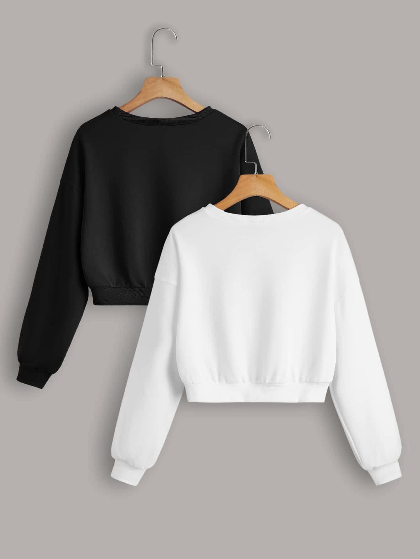 Verdusa Women's 2 Pack Long Sleeve Round Neck Crop Sweatshirt Top Black and White M