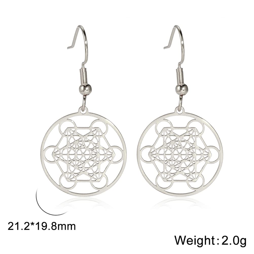 Metatron's Cube Earrings For Women Stainless Steel Sacred Geometry Flower Of Life Earrings Geometric Charm Hexagram Earrings Bohemian Style Jewelry (silver)