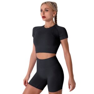 Black Workout Sets for Women: 2 Piece Yoga Outfit Tracksuits High Waisted Running Biker Shorts with Strap Sport Shirt Crop Top Exercise Running Clothes Athletic Gym Sets Matching Active Wear Medium