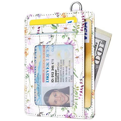 Coco Rossi Slim Front Pocket Wallet RFID ID Card Holder Cute Small Wallet with Keychian for Women,White Daisy