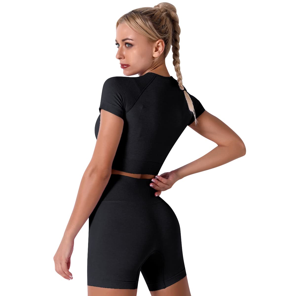 Black Workout Sets for Women: 3 Piece Yoga Outfit Tracksuit High Waisted Running Biker Shorts with Strap Sport Bra Shirt Crop Top Exercise Running Clothes Athletic Gym Sets Matching Active Wear Medium