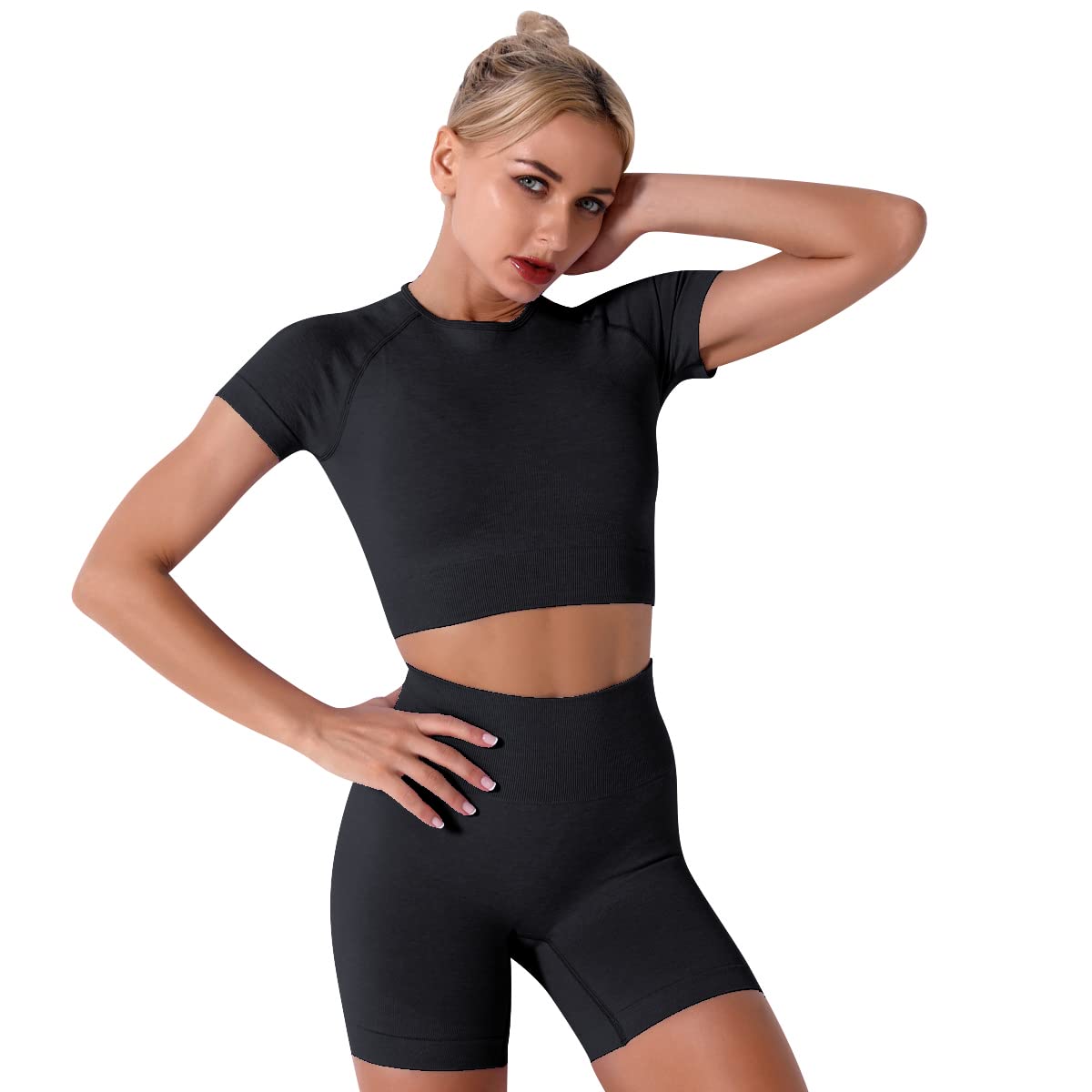 Black Workout Sets for Women: 2 Piece Yoga Outfit Tracksuits High Waisted Running Biker Shorts with Strap Sport Shirt Crop Top Exercise Running Clothes Athletic Gym Sets Matching Active Wear Medium