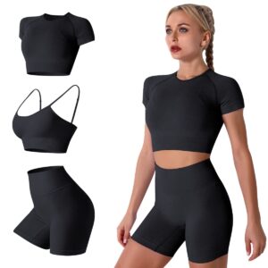 black workout sets for women: 3 piece yoga outfit tracksuit high waisted running biker shorts with strap sport bra shirt crop top exercise running clothes athletic gym sets matching active wear medium