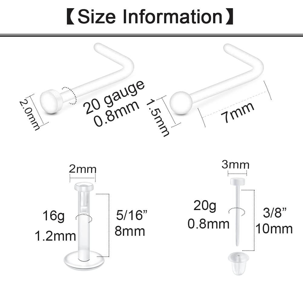 Longita 20g 18g Clear Nose Studs Clear Nose Rings for Work Plastic Nose Rings for Surgery Clear Earrings Plastic Earrings 16g Clear Cartilage Earrings