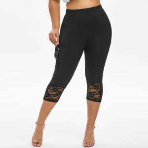 Women's Capri Pants Plus Size Workout Capri Leggings Stretchy Yoga Running Athletic Tights Solid Guipure Lace Trim