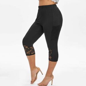 Women's Capri Pants Plus Size Workout Capri Leggings Stretchy Yoga Running Athletic Tights Solid Guipure Lace Trim