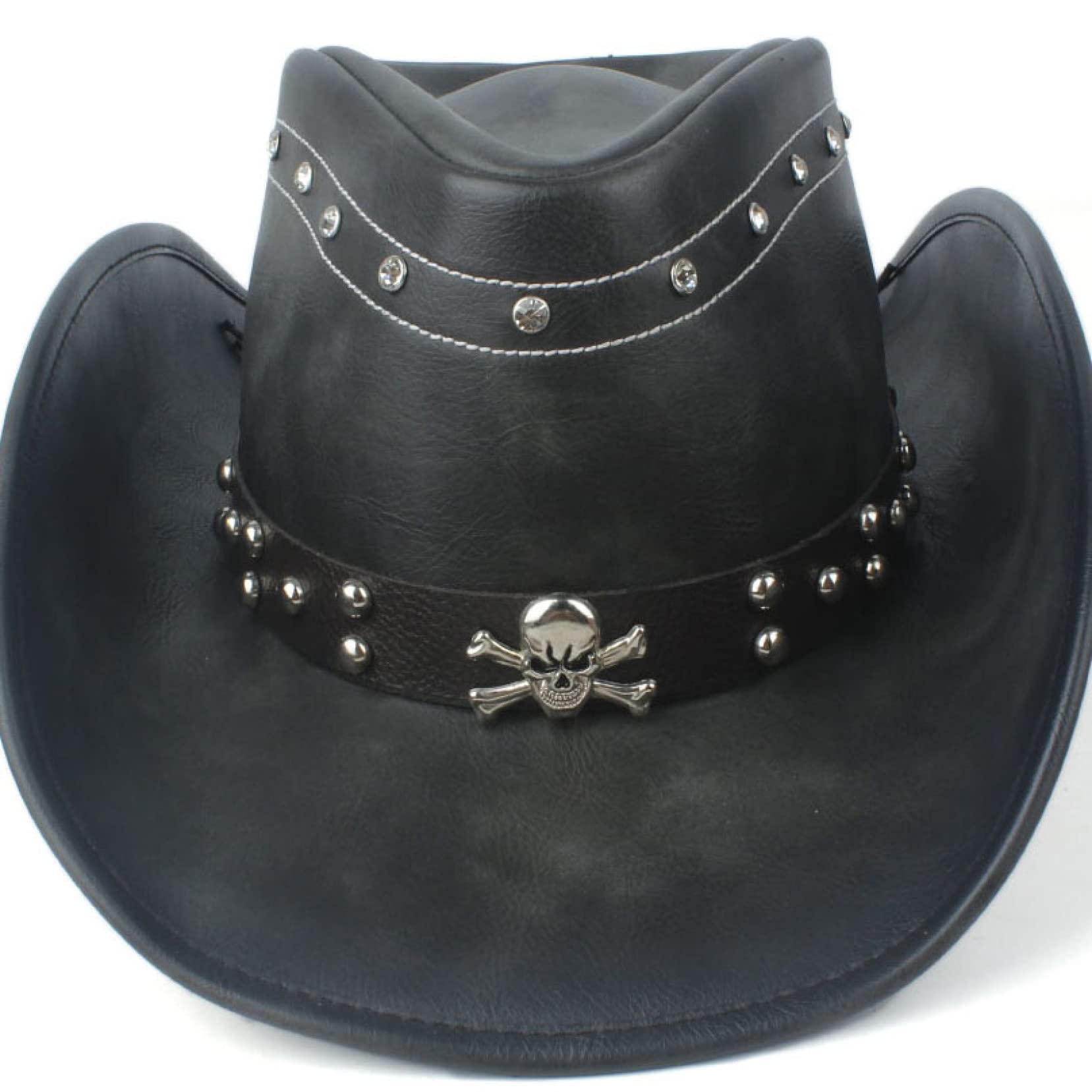 PTONUIC Cowboy Hat Punk Mens Style Hat Skull Sign Western Belt Band Cowgirl Hat Rivets Trim Black