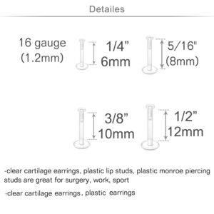 MODRSA 16g Clear Cartilage Earrings Stud Plastic Forward Helix Earring Clear Lip Rings Push on Plastic Medusa Labret Piercing Retainer Flat Labret Lip Retainers for Work Sports Surgery