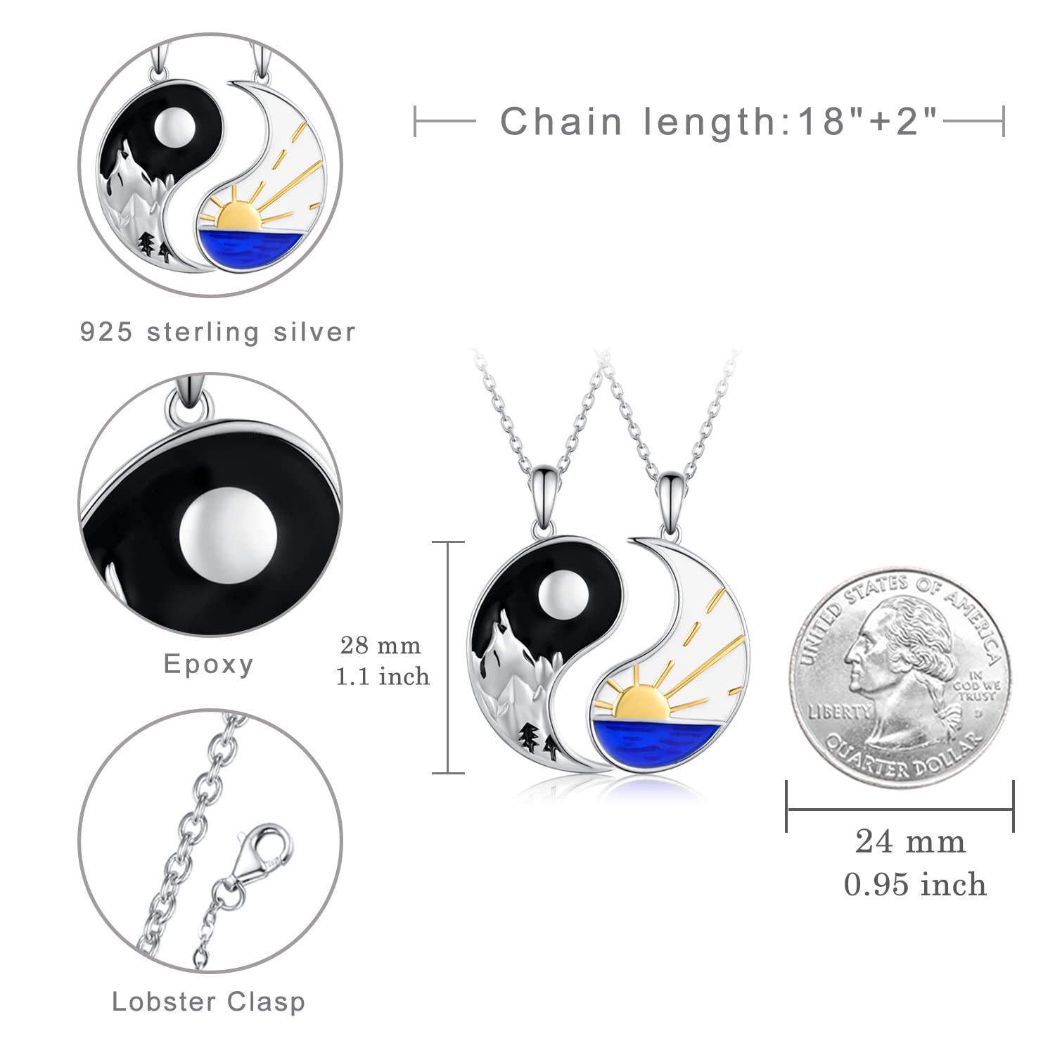 Matching Couples Necklace Sterling Silver Yin Yang Couples Necklace for him and her Couple gifts for Women Men