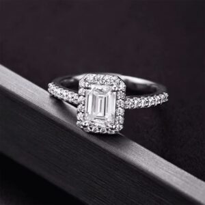 Emerald Cut Halo Engagement Rings for Women White Gold, 1CT Center Moissanite Engagement Ring Platinum Plated Silver 10K 14K 18K Gold Wedding Anniversary Rings for Her with Text Engraving(Platinum Plated Silver)