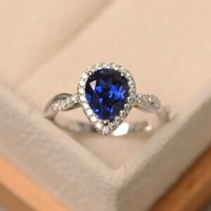 LUO 925 Sterling Silver Twist Rings Pear Shaped Halo Created Sapphire Ring Engagement Statement Ring for Women US Size 7