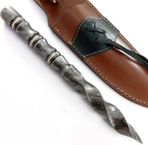 handmade damascus tri edge dagger fixed blade knife hunting knife with leather sheath bwt-6001, black and grey