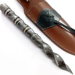 Handmade Damascus Tri edge Dagger fixed blade knife hunting knife with Leather sheath BWT-6001, Black and Grey