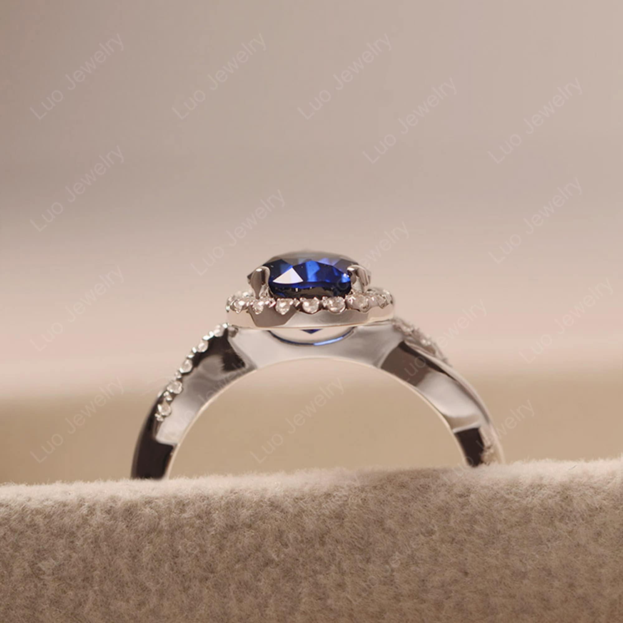 LUO 925 Sterling Silver Twist Rings Pear Shaped Halo Created Sapphire Ring Engagement Statement Ring for Women US Size 7