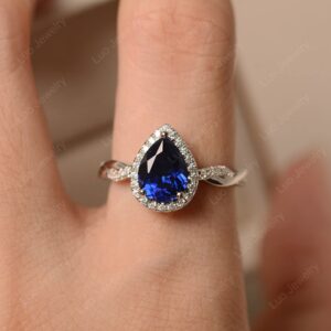 LUO 925 Sterling Silver Twist Rings Pear Shaped Halo Created Sapphire Ring Engagement Statement Ring for Women US Size 7