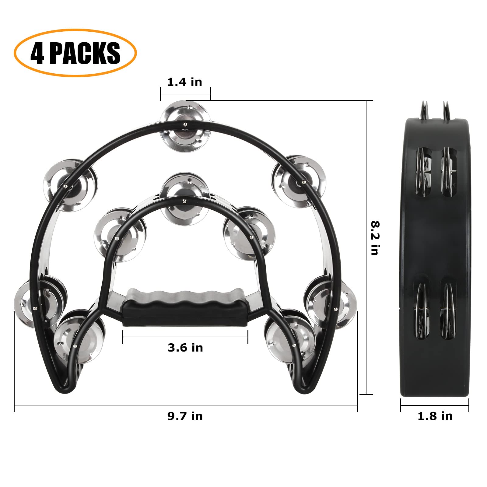 4 Pack Half Moon Hand Held Tambourine 10" Double Row Metal Jingles Tambourines for Adults Church, Plastic Musical Instrument Percussion handheld tambourine for Church, Ktv Party, (Black, White）