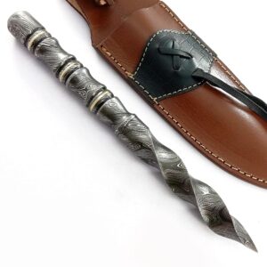 Handmade Damascus Tri edge Dagger fixed blade knife hunting knife with Leather sheath BWT-6001, Black and Grey