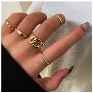 Iaceble Boho Cuban Chain Open Rings Twisted Knuckle Mid Rings Gold Plain Band Rings Vintage Stackable Finger Rings Set Jewelry for Women and Girls 5 Pcs (Gold)