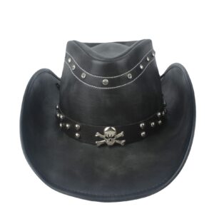 PTONUIC Cowboy Hat Punk Mens Style Hat Skull Sign Western Belt Band Cowgirl Hat Rivets Trim Black