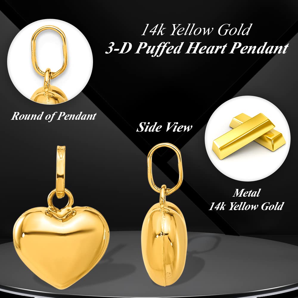 Auriga Fine Jewelry 14K Yellow Gold Puffed Heart Pendant for Women (L- 0.6 Inch, W- 0.4 Inch)