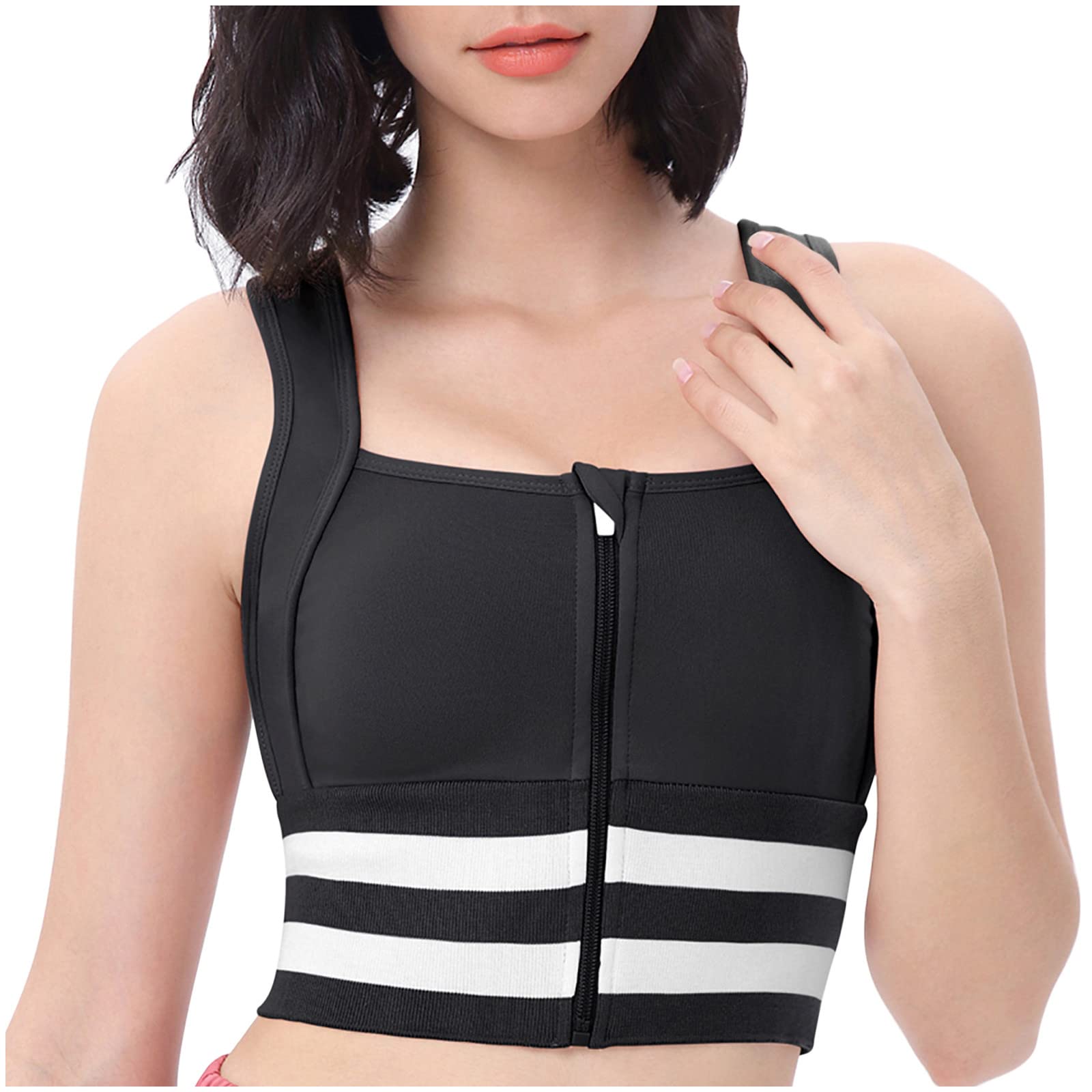 Sports Bra for Women Zipper Front Lightly Lined Seamless Yoga Bra Tank Tops Wireless Padded Longline Striped Bras Black