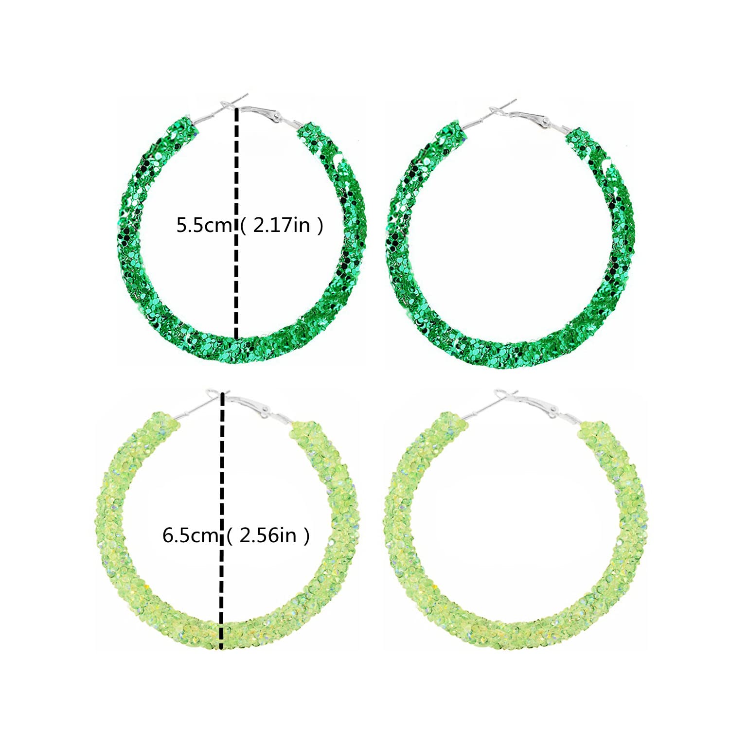 2 Pairs Glitter Sequins Hoop Earrings for Women Bohemian Circle Round Sparkle Rhinestone Crystal Wrapped Big Hoop Dangle Earrings Geometry Jewelry-green