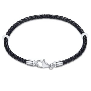 19cm black braided leather bracelet with 925 sterling silver lobster clasp-fit pandora charm/beads/pendant, gift for men/women/grandson christmas birthday