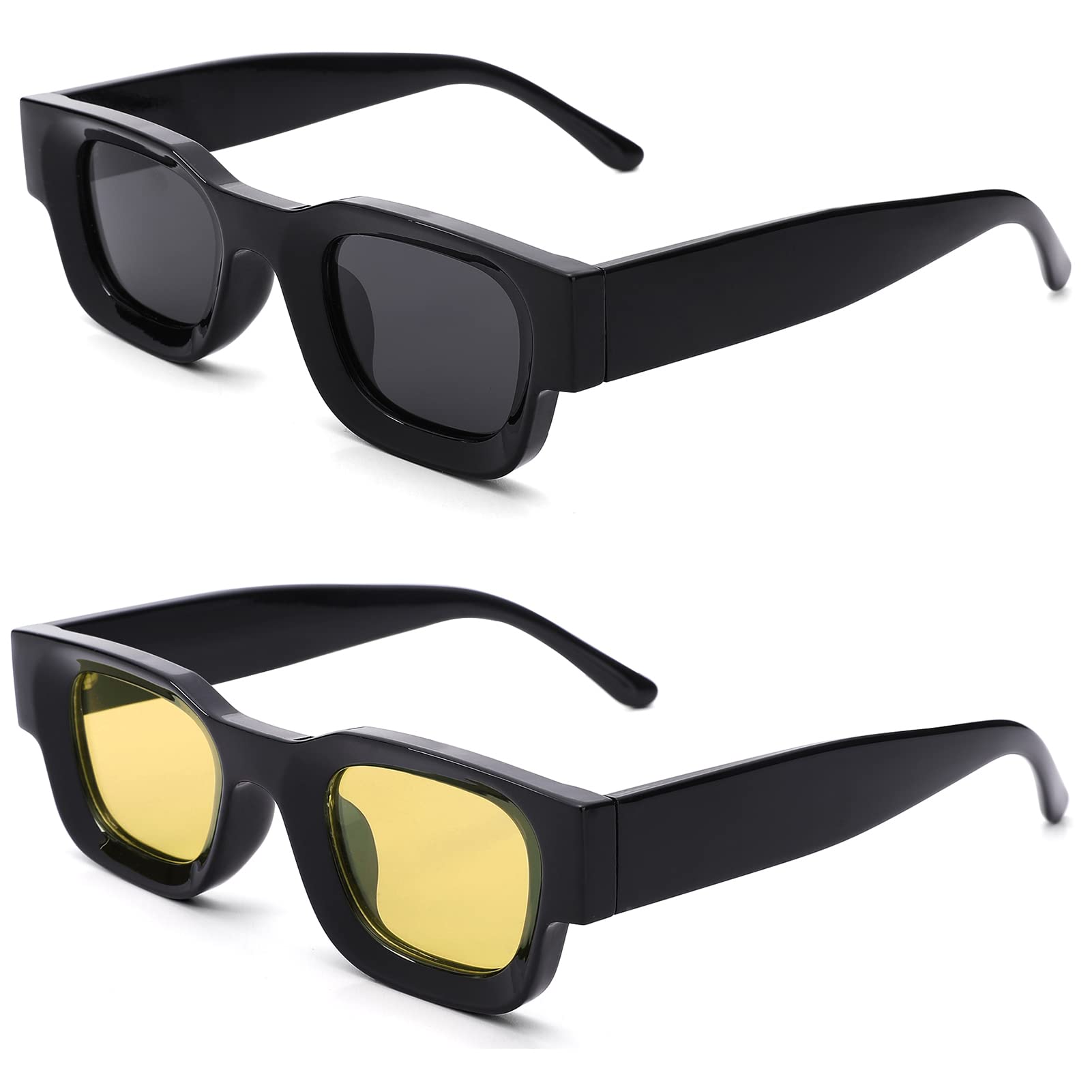 Hycredi Thick Rectangle Sunglasses for Women Men Chunky Square Polarized Sun Glasses Retro 90s Shades UV400 Protection-Black/Grey+Black/Yellow