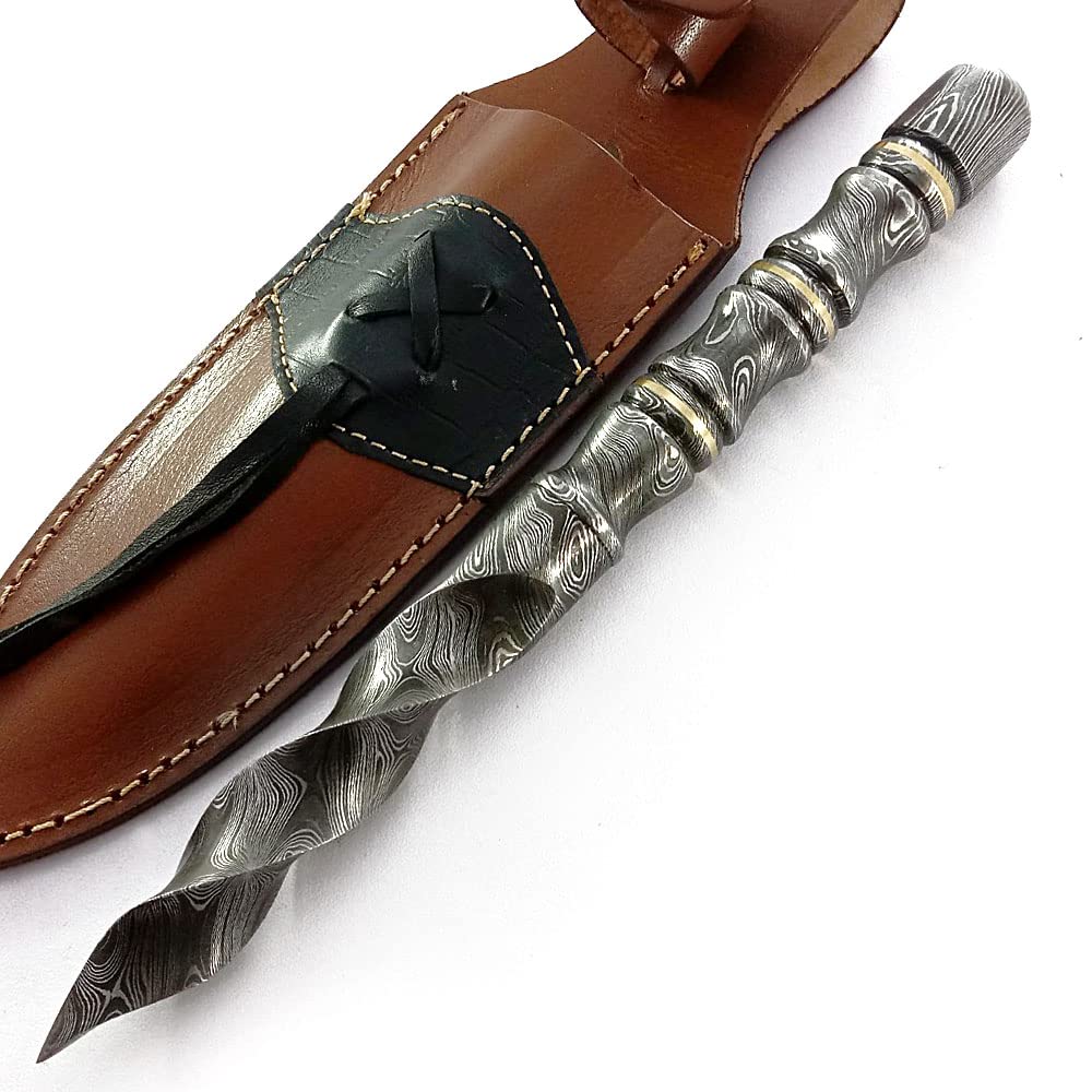 Handmade Damascus Tri edge Dagger fixed blade knife hunting knife with Leather sheath BWT-6001, Black and Grey