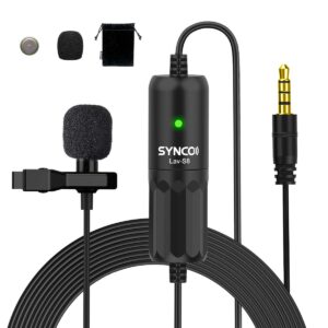 SYNCO Lavalier Microphone for Camera, Lav S8 Lapel Mic iPhone DSLR PC Android Noise Reduction Auto-Pairing Clip-on Omnidirectiona Video YouTube Vlogging, Lavalier-Microphone-Lapel-Mic-Camera