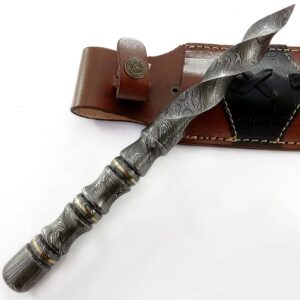 Handmade Damascus Tri edge Dagger fixed blade knife hunting knife with Leather sheath BWT-6001, Black and Grey