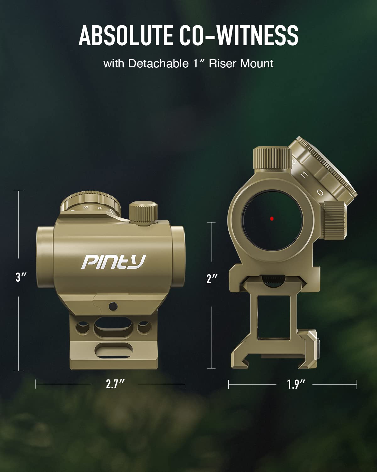 PINTY Red Dot Sight, Micro Reflex Sight 4 MOA Rifle Scope with 1 Inch Riser Mount 11 Brightness Levels Battery QD Mount for Picatinny and Weaver Rail Mounts on Pistols Rifles Long Guns More, Khaki