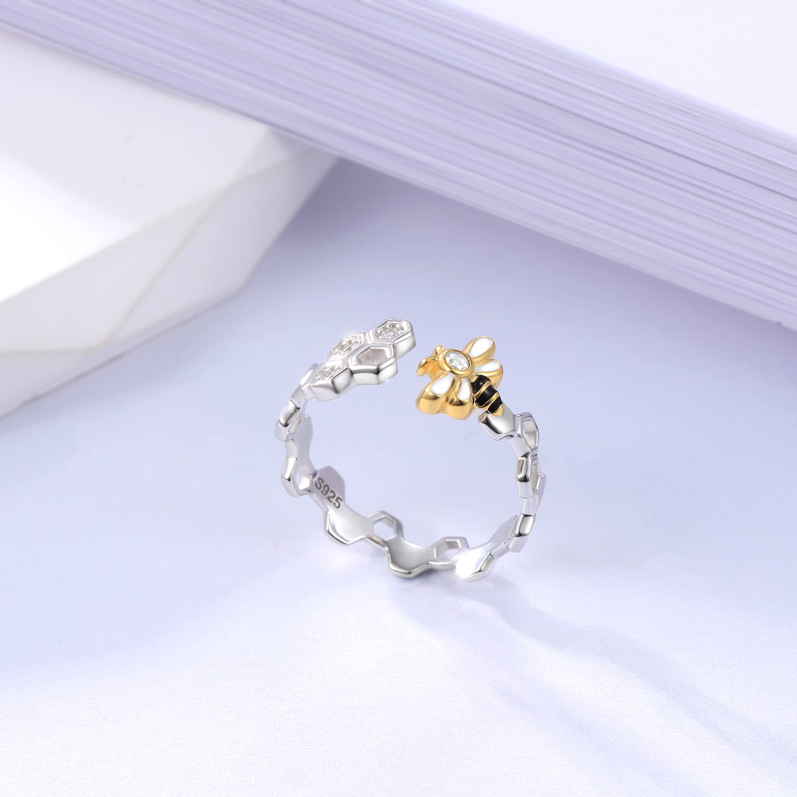 Honeycomb Bee Rings Jewelry for Women - Thicken 925 Sterling Silver Open Adjustable Queen Bee Ring With Cubic Zirconia,Gold Bumble Bee Beehive Ring Mother's Day Gifts for Bee Lovers