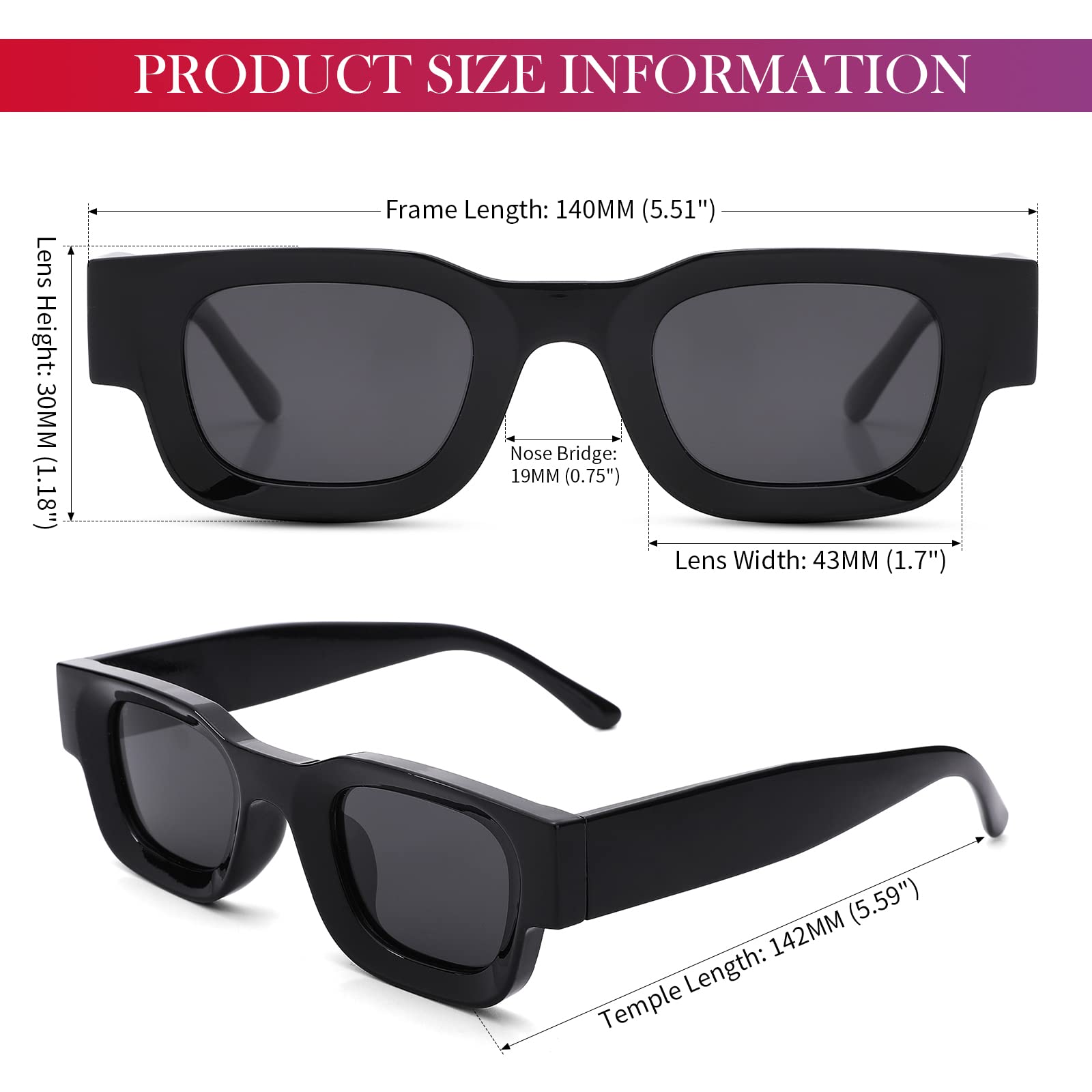 Hycredi Thick Rectangle Sunglasses for Women Men Chunky Square Polarized Sun Glasses Retro 90s Shades UV400 Protection-Black/Grey+Black/Yellow