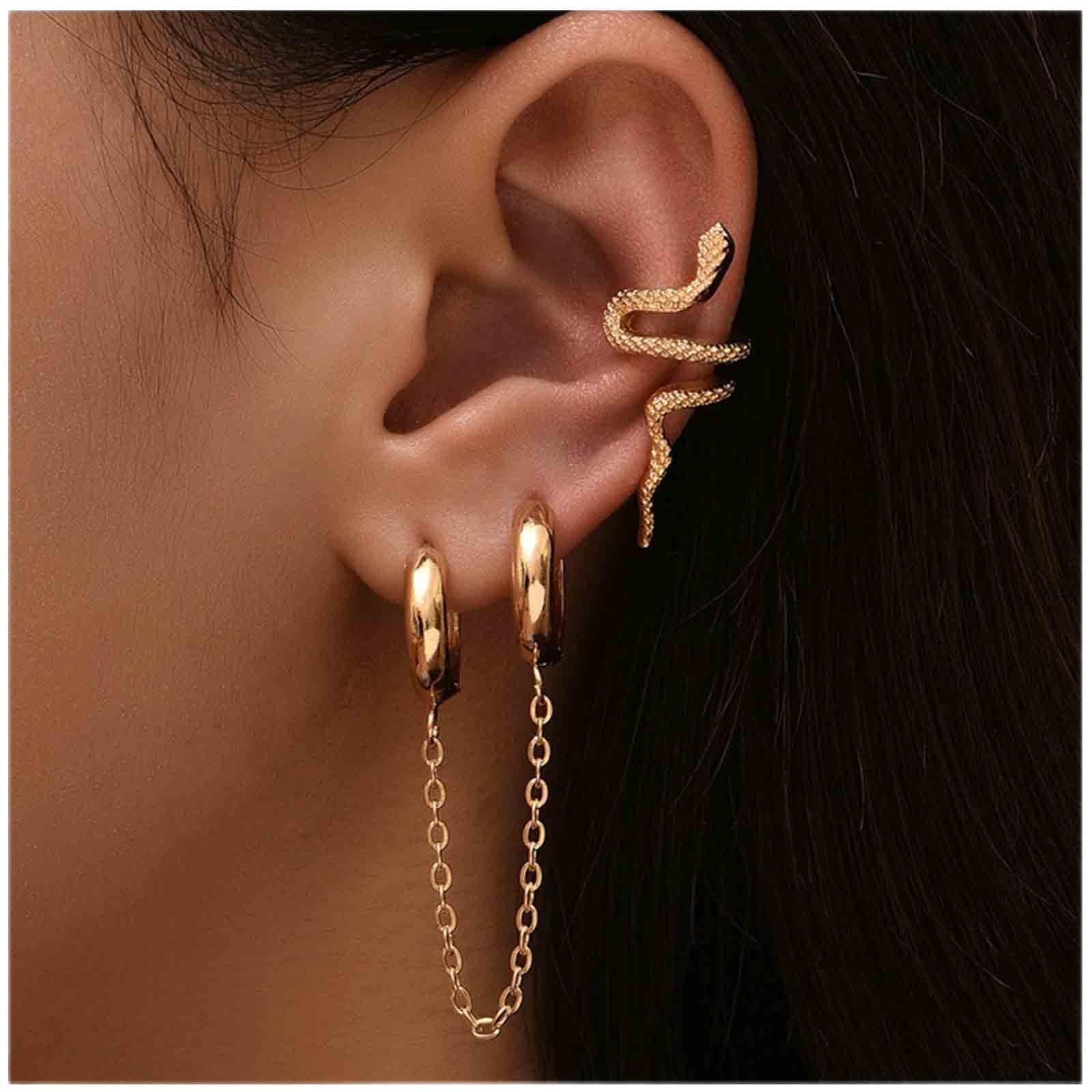 Allereyae Gothic Snake Cuff Wrap Earrings Gold Hoop Chain Earrings Cartilage Ear Crawler Earring Serpent Clip on Wrap Earrings for Women and Girls