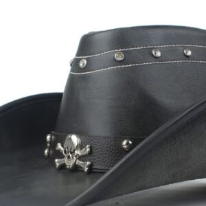 PTONUIC Cowboy Hat Punk Mens Style Hat Skull Sign Western Belt Band Cowgirl Hat Rivets Trim Black