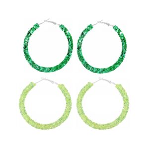 2 pairs glitter sequins hoop earrings for women bohemian circle round sparkle rhinestone crystal wrapped big hoop dangle earrings geometry jewelry-green