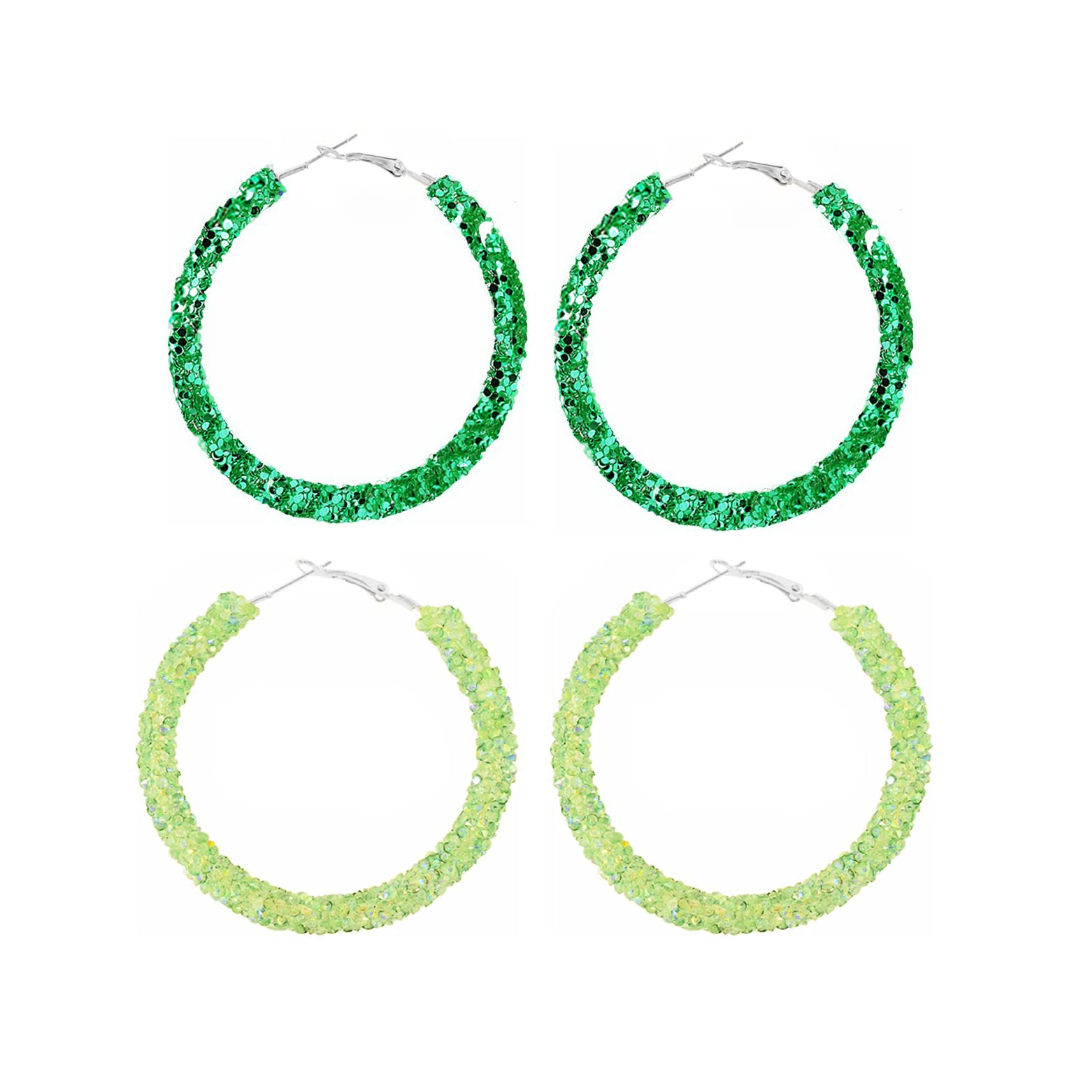 2 Pairs Glitter Sequins Hoop Earrings for Women Bohemian Circle Round Sparkle Rhinestone Crystal Wrapped Big Hoop Dangle Earrings Geometry Jewelry-green