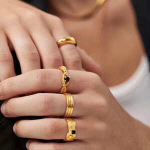 18K Gold Chunky Knuckle Rings Stacking Midi Thumb Finger Rings Black Obsidian Signet Rings Vintage Dome Jewelry for Women