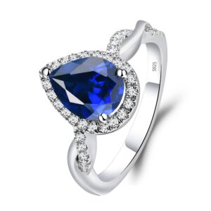 LUO 925 Sterling Silver Twist Rings Pear Shaped Halo Created Sapphire Ring Engagement Statement Ring for Women US Size 7