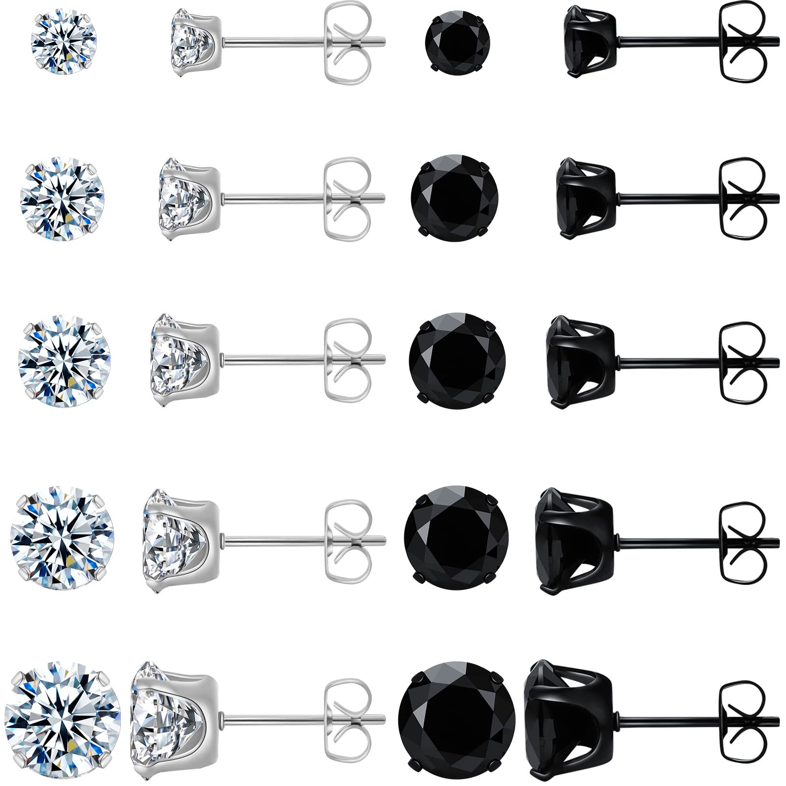 KANOUE 10 Pairs Silver and Black Stud Earrings Set, Hypoallergenic Earrings for Women Studs Set, Stainless Steel Earrings, Cubic Zirconia Earrings Studs for Girls