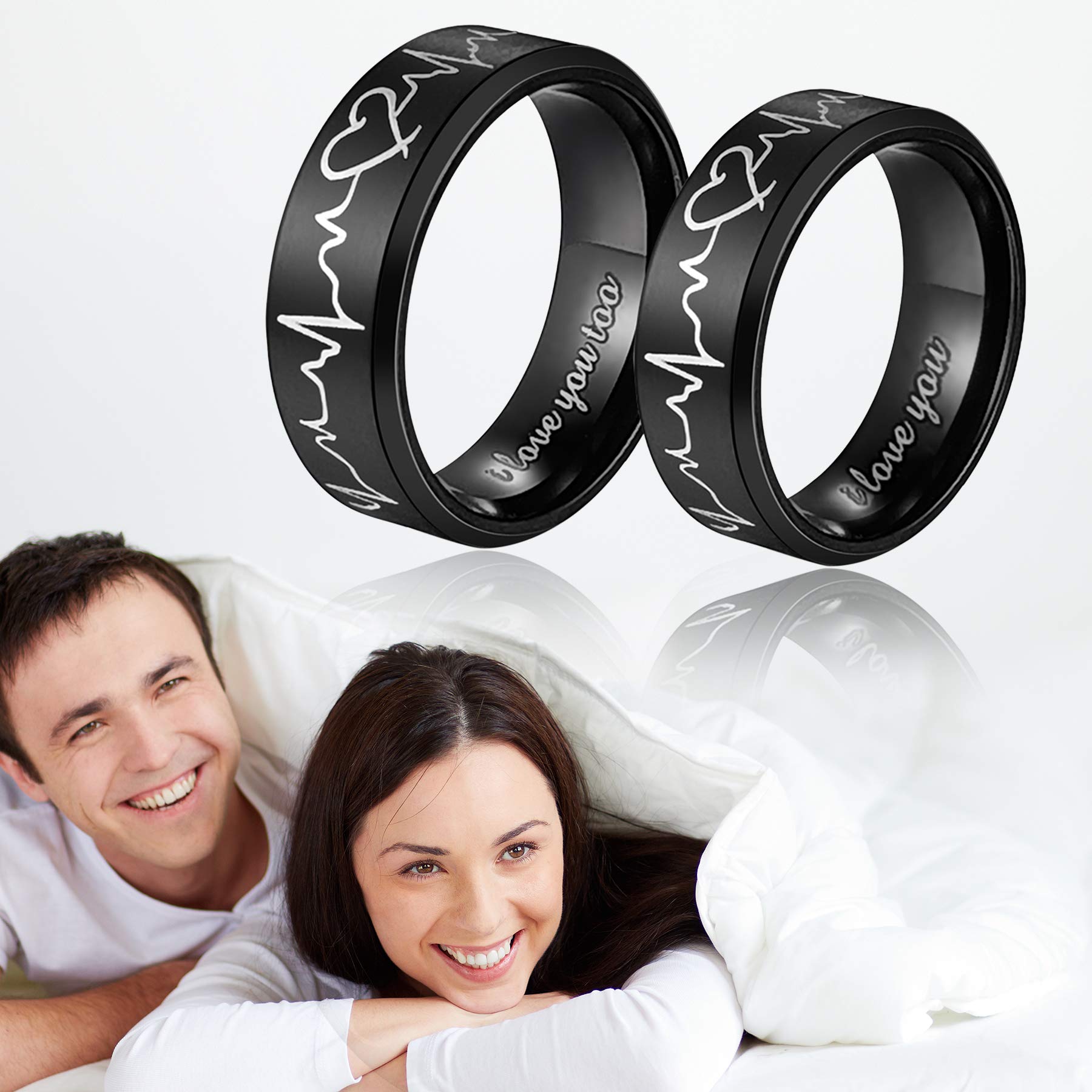 Mabohity Heartbeat Rings for Couples I Love You Matching Promise Rings Wedding Bands for Him Her with Box Titanium Stainless Steel Comfort Fit